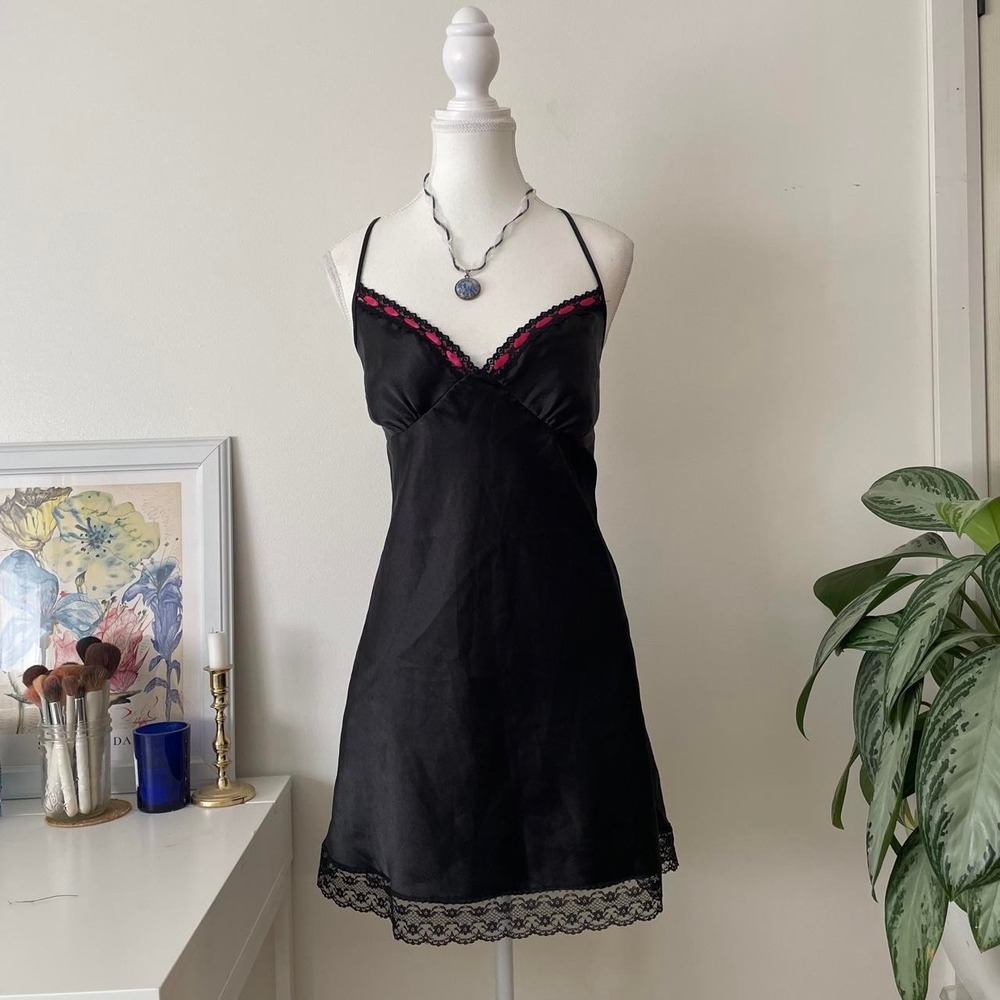 Vintage Satin Slip Dress Lace with Pink Ribbon Detail Womens Sz L Punk Princess